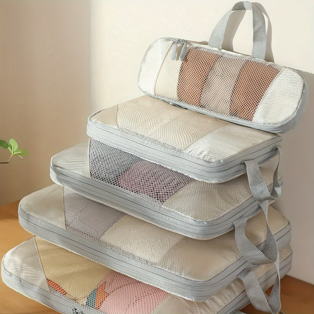 مجموعة أكياس ملابس عصرية مكونة من 6 قطع - تخزين ضغط شبكي من البوليستر للملابس والأحذية والإكسسوارات - منظم سفر بمقابض - بدون طباعة، مصادر متنوعة