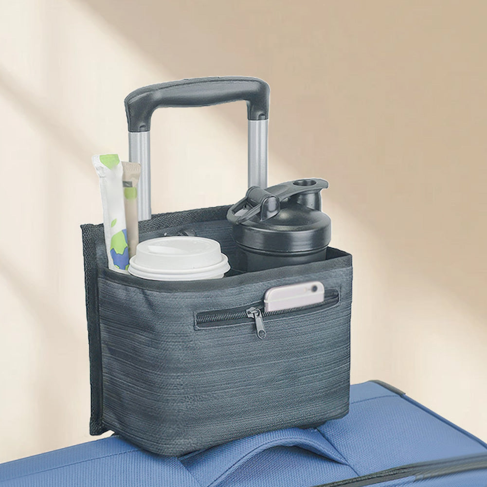 حامل أكواب الأمتعة بدون استخدام اليدين وحاملة المشروبات - مقبض حقيبة من النايلون المتين مع إغلاق بسحّاب، أقسام متعددة للأساسيات السفرية، أزرق، تصميم مريح للسفر، إغلاق سحاب آمن