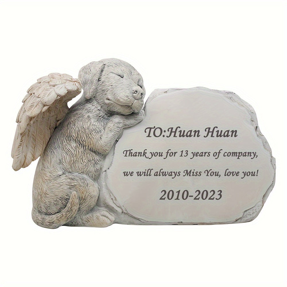 حجر تذكاري قابل للتخصيص للحيوانات الأليفة مع تمثال كلب ملاك - اسم ومسافة محفورين (13 سنة ذكرى) - علامة قبر حيوان أليف من الراتنج المتين، هدية تحية "لديه في قلبي للأبد" لمحبي الكلاب، تصميم هادئ، حجر صناعي واقعي، مقاوم للطقس لعائلات الحزن