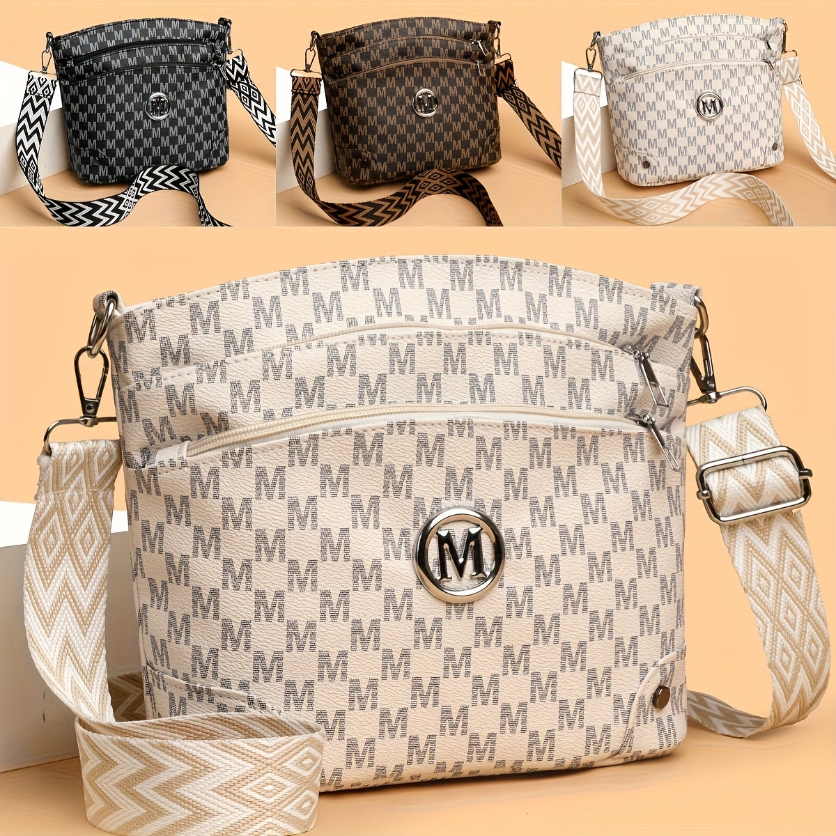 حقيبة كروسبودي للنساء من بيرفكت ليلي بحزام قابل للتعديل - خفيفة الوزن، بسحاب وعدة أقسام - مناسبة لكل يوم والعمل والمناسبات الرسمية - متوفرة بالأسود/البيج/الأبيض - لحياة يومية ومناسبات خاصة، حقيبة بطبعة هندسية، مبطنة بوليستر