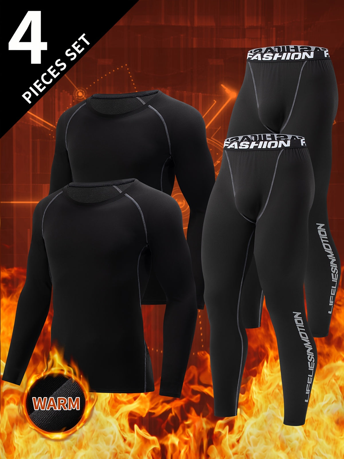 مجموعة ملابس داخلية حرارية للرجال مكونة من 4 قطع، مصنوعة من مزيج البوليستر واليلاستان، عالية التمدد، بلون صلب، بدلة رياضية كاجوالة برقبة طاقمية مع قمة وأكمام طويلة، نسيج محبوك بقصة ضيقة، مناسبة للخريف/الشتاء