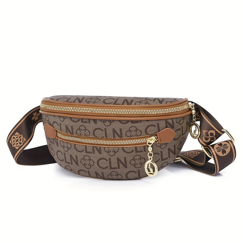 حقيبة خصر نسائية بتصميم كلاسيكي مع حزام كتف قابل للتعديل، مقصورة مزدوجة بسحاب ذهبي وطبعة حروف كلاسيكية - حقيبة كروس بتصميم كلاسيكي بلون صلب مع سحاب هلال وجيب فاخر