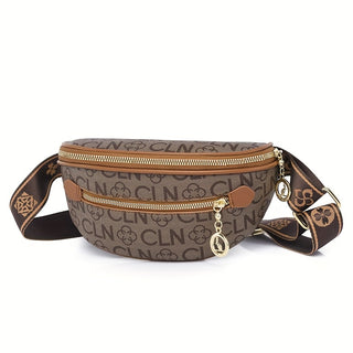 حقيبة خصر نسائية بتصميم كلاسيكي مع حزام كتف قابل للتعديل، مقصورة مزدوجة بسحاب ذهبي وطبعة حروف كلاسيكية - حقيبة كروس بتصميم كلاسيكي بلون صلب مع سحاب هلال وجيب فاخر