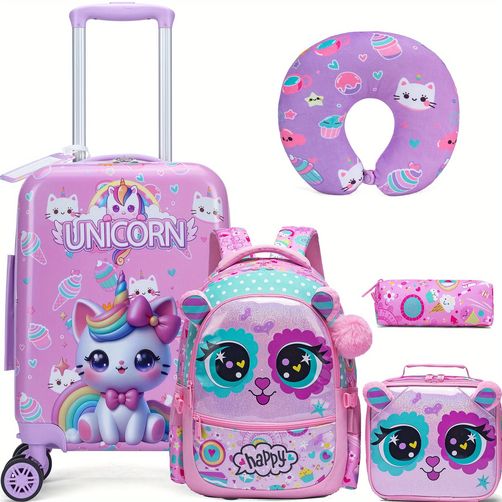 مجموعة حقائب سفر صلبة للفتيات مقاس 16 بوصة مكونة من 5 قطع مع عجلات دوارة، أمتعة طلابية معتمدة للهبوط على متن الطائرة للأطفال الصغار والسفر والعطلات