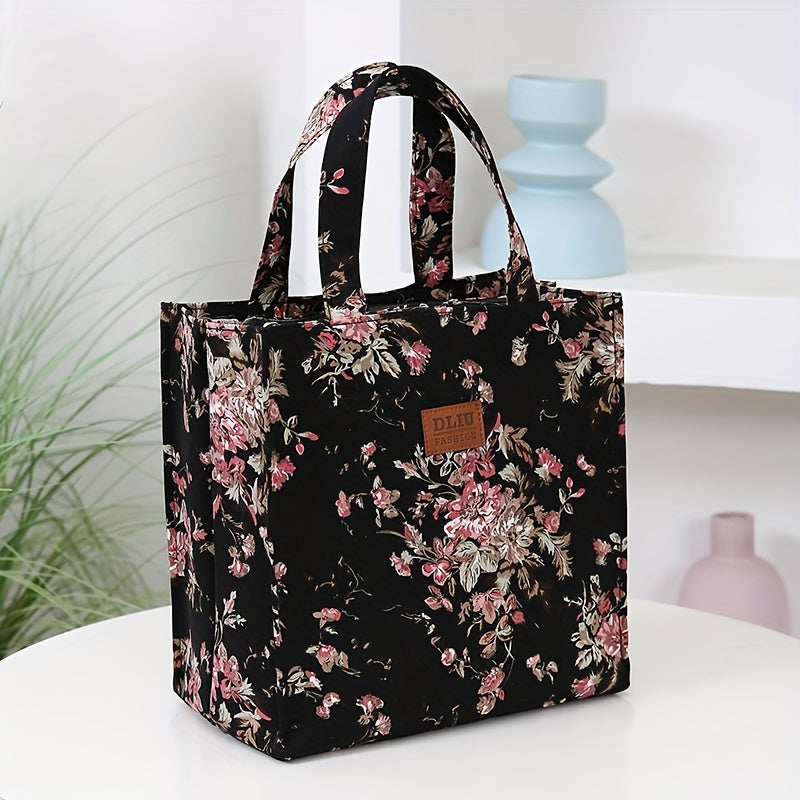 حقيبة تخزين محمولة جديدة بنقشة زهور سميكة، سعة كبيرة، مناسبة للعمل والتنقلات والتسوق وتناول الوجبات الخفيفة، استخدام يومي، حقيبة حمل يدويّة - موسم العودة إلى المدرسة، بتصميم فينتاج