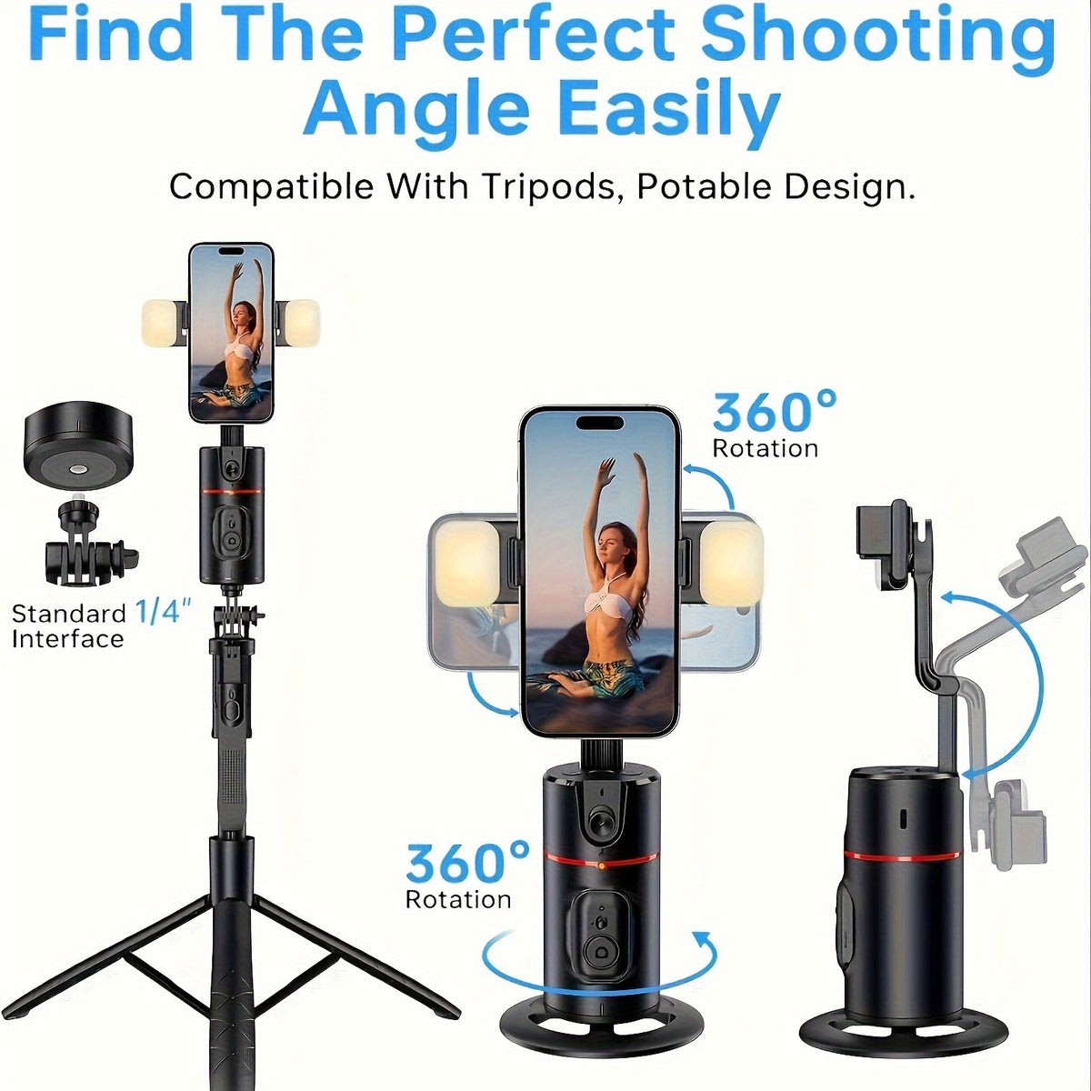 جهاز جيمبال ذكي بالذكاء الاصطناعي مع إضاءة مزدوجة - تتبع الوجه 360°، عصا سيلفي بانورامية ومراقبة عن بعد للبث المباشر والتصوير