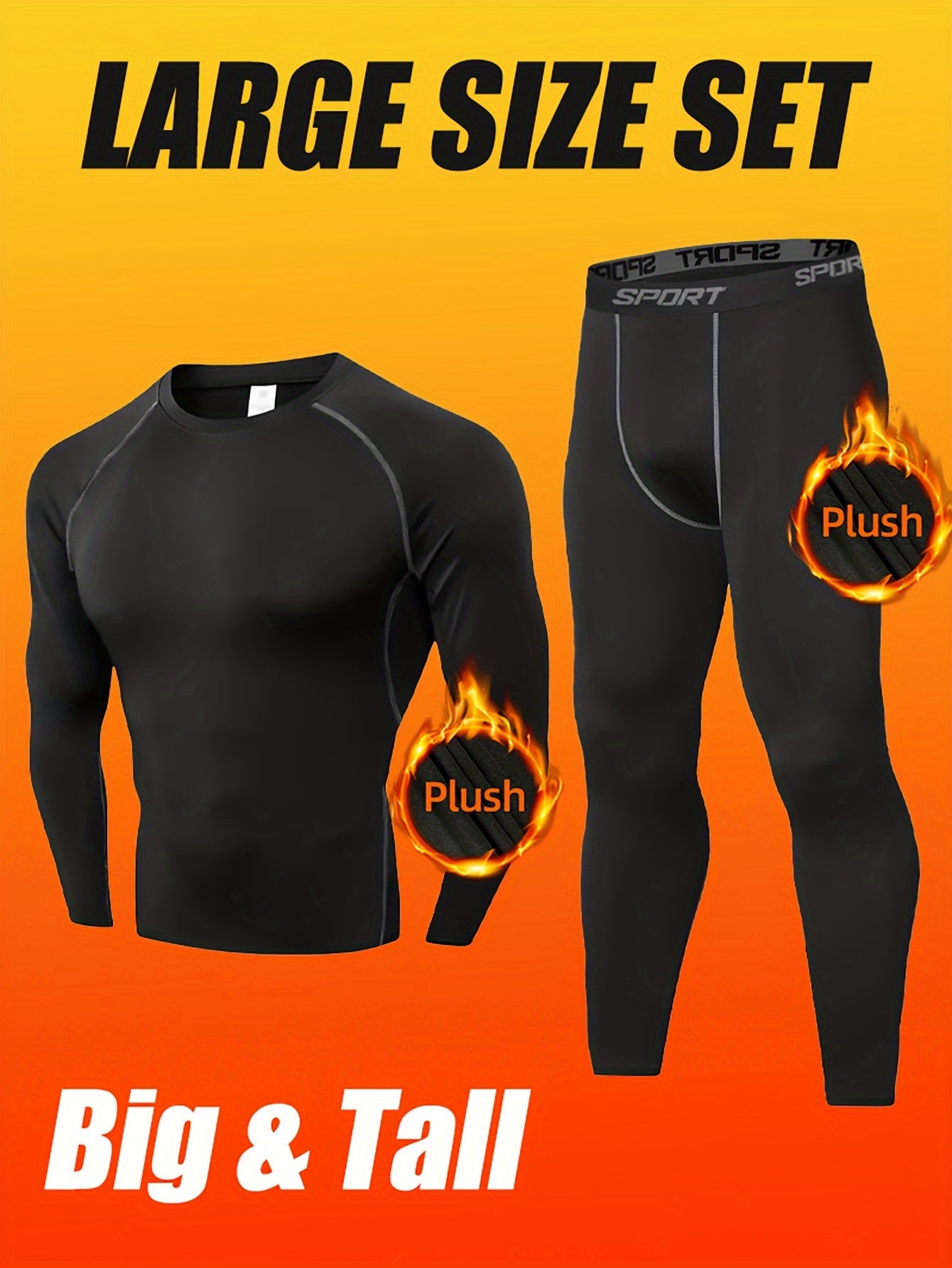 طقم ملابس داخلية حرارية رياضية للرجال بمقاسات كبيرة - قميص بأكمام طويلة مبطن بالفليس سريع الجفاف & ليجنز ضاغط مرن ومسامي، مثالي للرياضات الخارجية والدفء المنزلي، أسود، مقاسات كبيرة