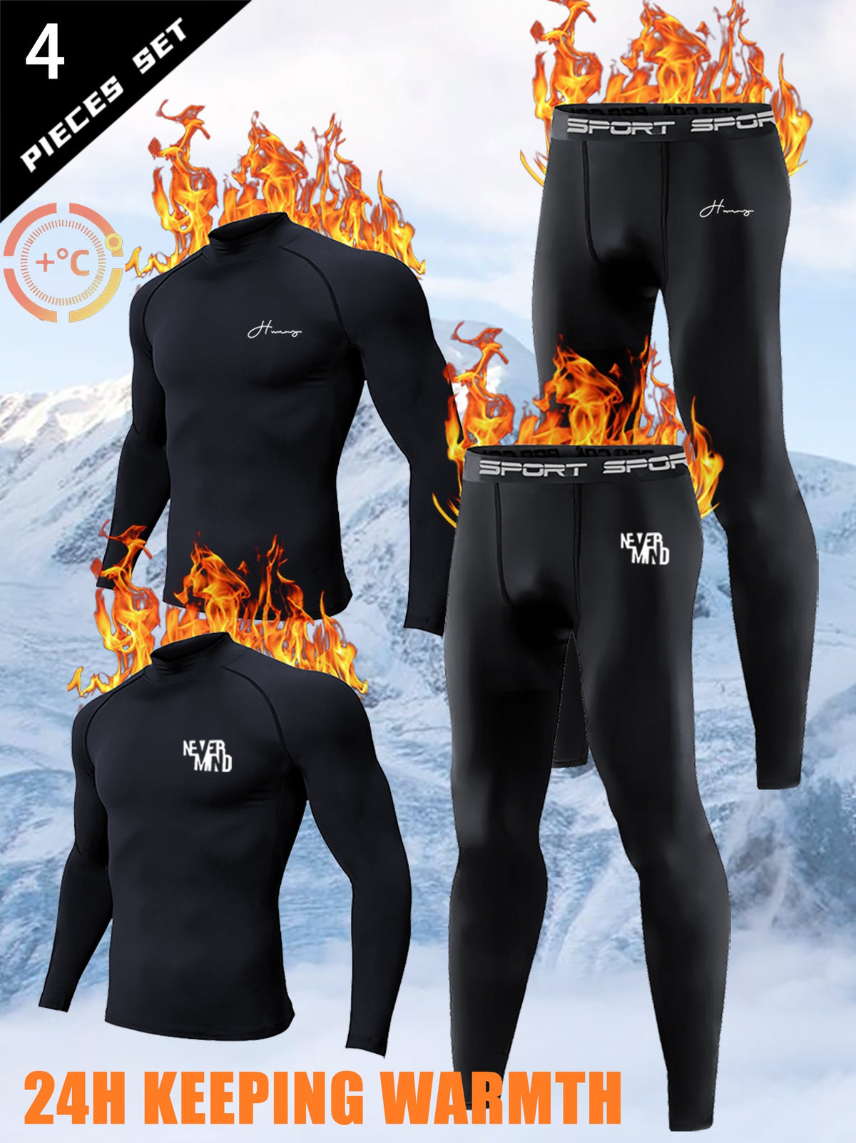 مجموعة من 4 قطع من ملابس رياضية دافئة ومضغوطة للرجال في فصلي الخريف والشتاء - قميص بأكمام طويلة وبنطلون، من البوليستر المسامي والمرن، مثالية للتدريب في الهواء الطلق والركوب على الدراجة والجري، ملابس رياضية خارجية | ملابس رياضية أنيقة | بناء محبوك