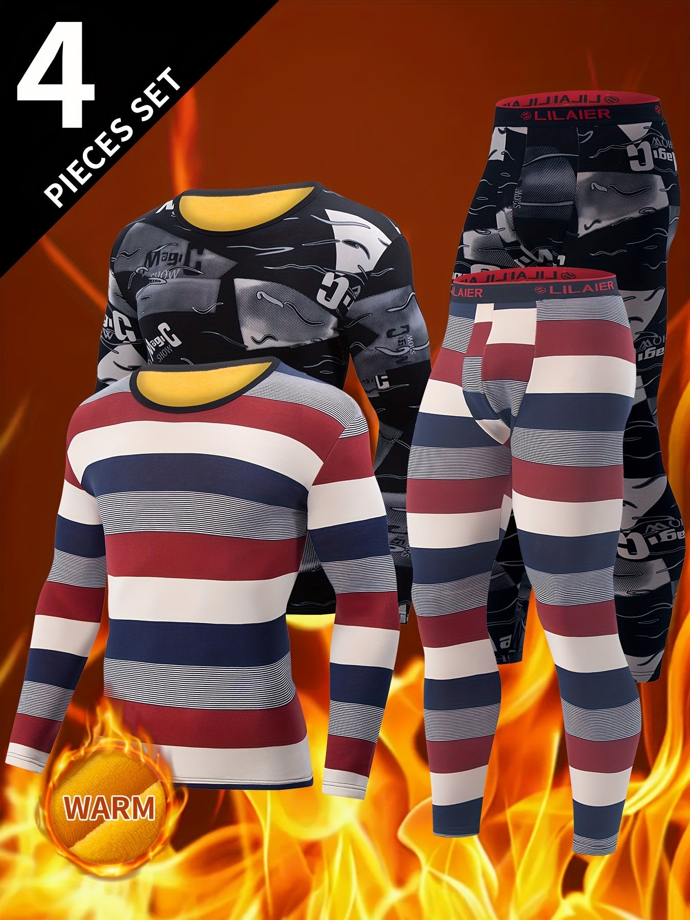 طقم ملابس داخلية شتوية دافئة للرجال مكون من 4 قطع - تصميم ضيق، بأكمام طويلة، ياقة دائرية، مزيج من البوليستر، تصميم مطبوع بالكامل، ملابس تزلج شتوية | ملابس تزلج أنيقة | قماش مرن