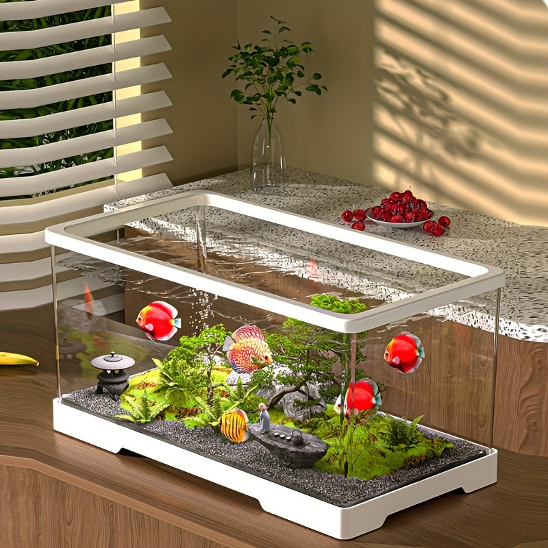 حزمة حوض السمك الفاخرة: حوض سمك أكريليك أبيض فاخر مربع مع مغير مياه صغير مريح، حوض سمك شفاف لتنسيق المناظر المائية ونمو النباتات، حوض سمك مستطيل كبير بديكور إبداعي - حوض سمك من راتينج ABS عالي الجودة غير كهربائي مناسب لديكور المنزل وموطن الزواحف، حوض سمك