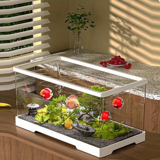 حزمة حوض السمك الفاخرة: حوض سمك أكريليك أبيض فاخر مربع مع مغير مياه صغير مريح، حوض سمك شفاف لتنسيق المناظر المائية ونمو النباتات، حوض سمك مستطيل كبير بديكور إبداعي - حوض سمك من راتينج ABS عالي الجودة غير كهربائي مناسب لديكور المنزل وموطن الزواحف، حوض سمك
