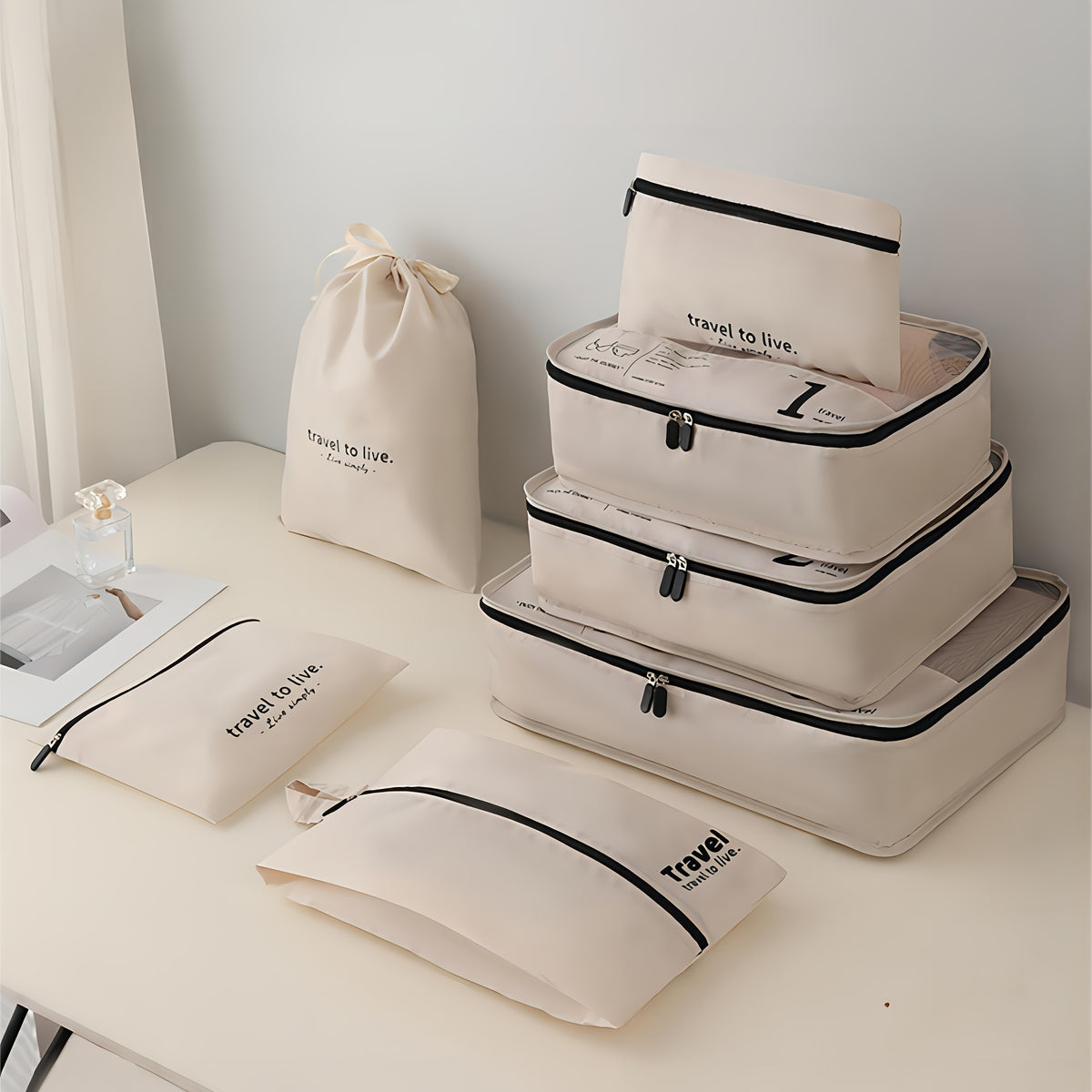 مجموعة من 7 مكعبات تعبئة للأمتعة، منظمو حقيبة السفر للحقائب مع كيس غسيل وحقيبة تخزين مضغوط للملابس والملابس الداخلية للسفر، للرجال والنساء