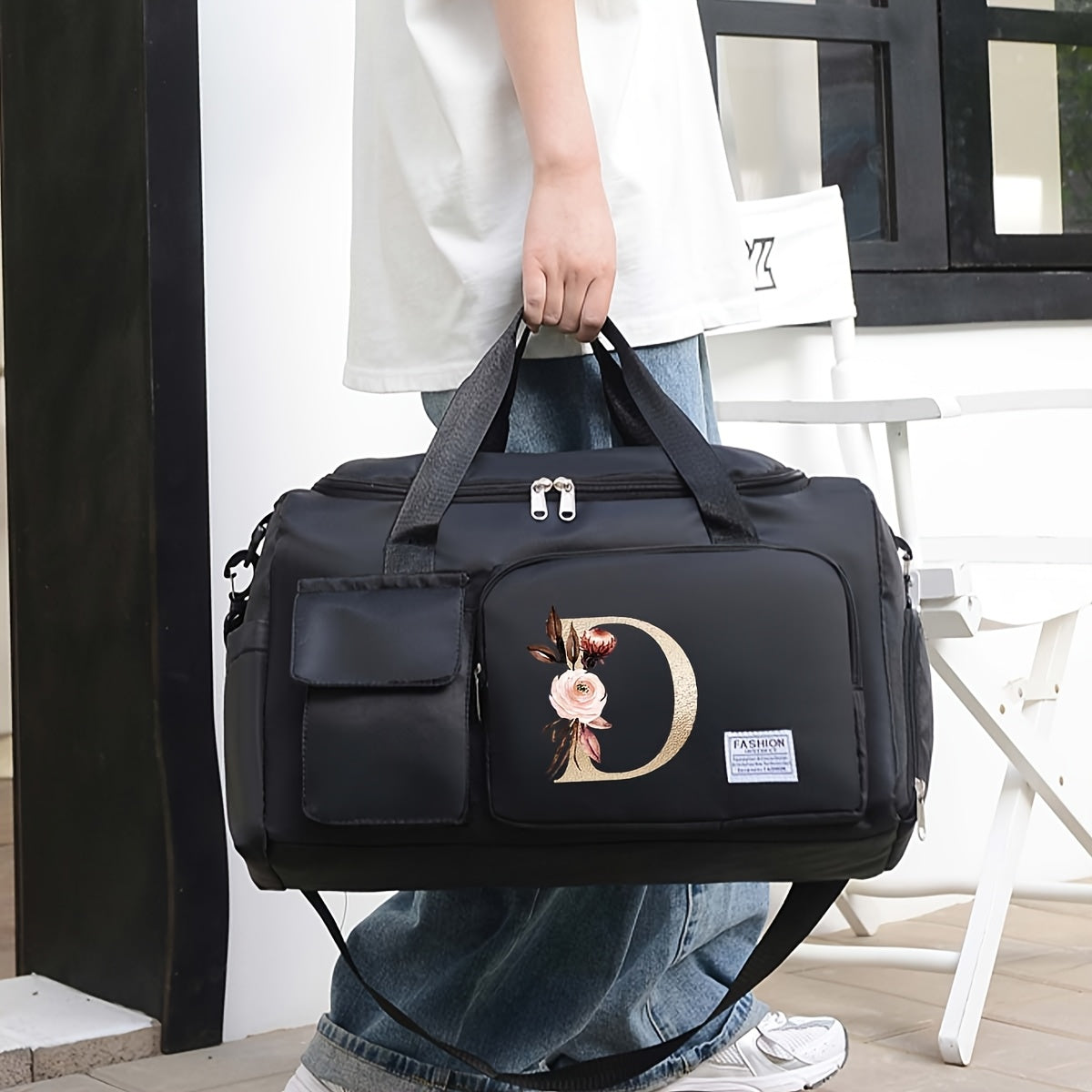 حقيبة سفر كبيرة بسحاب خلفي مضاد للسرقة من قماش أوكسفورد مع جيب للأحذية، حزام كتف قابل للإزالة، متعددة الاستخدامات للجيم والعمل والسفر والعطلات واللياقة البدنية - تصميم عشوائي مع مقبض جانبي