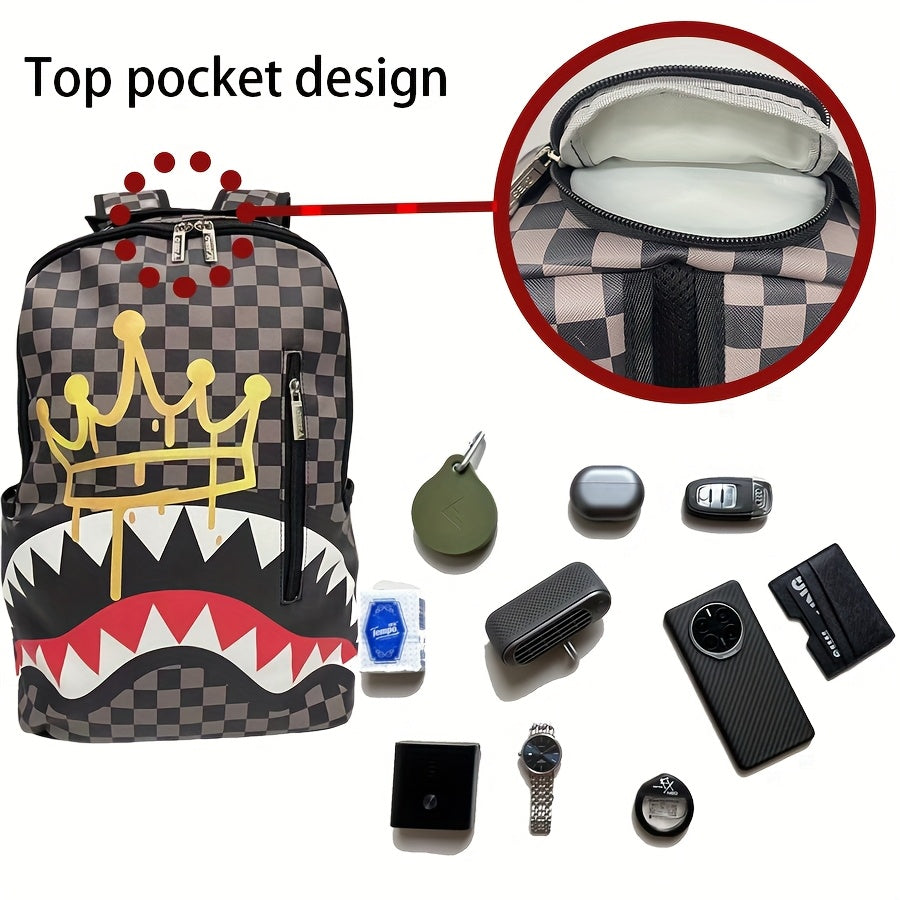 حقيبة النفس - حقيبة ظهر مربعة باللونين الأسود والرمادي مع فم القرش وتصميم على شكل تاج، سعة كبيرة، حزام قابل للتعديل، إغلاق بسحاب، جيوب عملية، مثالية للمدرسة والسفر والتنقل، حقيبة ظهر للسفر | نمط مربعات | حقيبة ظهر متينة