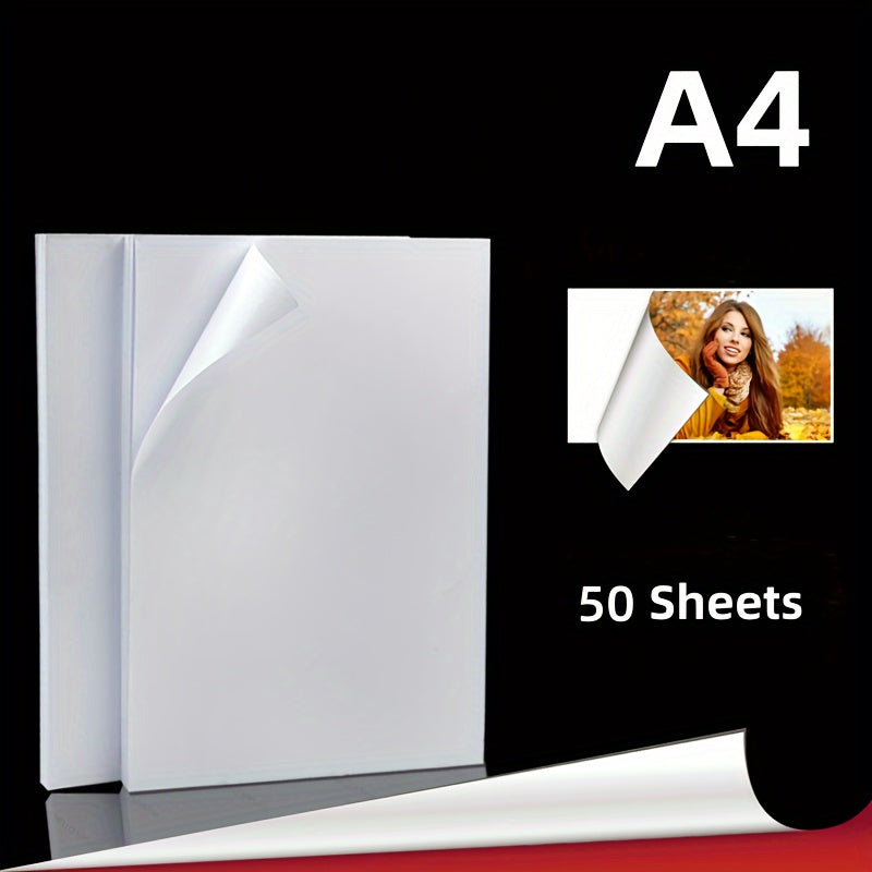 ورق ملصق لامع بجودة عالية A4 مقاوم للماء وذات لاصق ذاتي، مثالي لطابعات الحبر النافث وملصقات الكريكت، مقاوم للتمزق، 115 جرام، 50 ورقة.