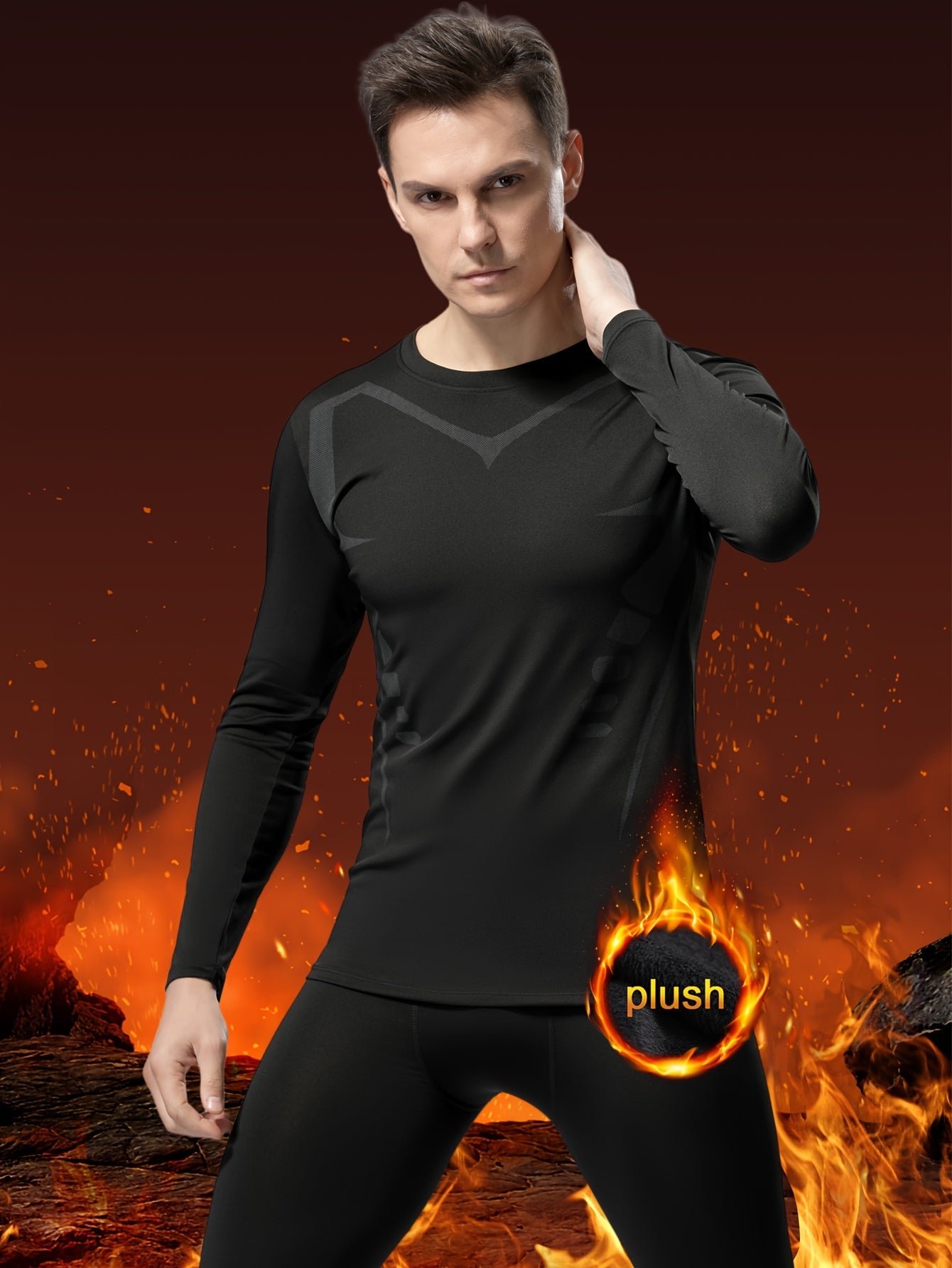 مجموعة من 4 قطع للرجال، سميكة ودافئة مع زخرفة من القطيفة، أكمام طويلة، قابلة للتمدد، بلون موحد، محبوكة، من البوليستر، للجري وركوب الدراجات والتنزحب وممارسة اللياقة البدنية، قصة عادية، ملابس يومية عادية، لفصل الخريف/الشتاء.