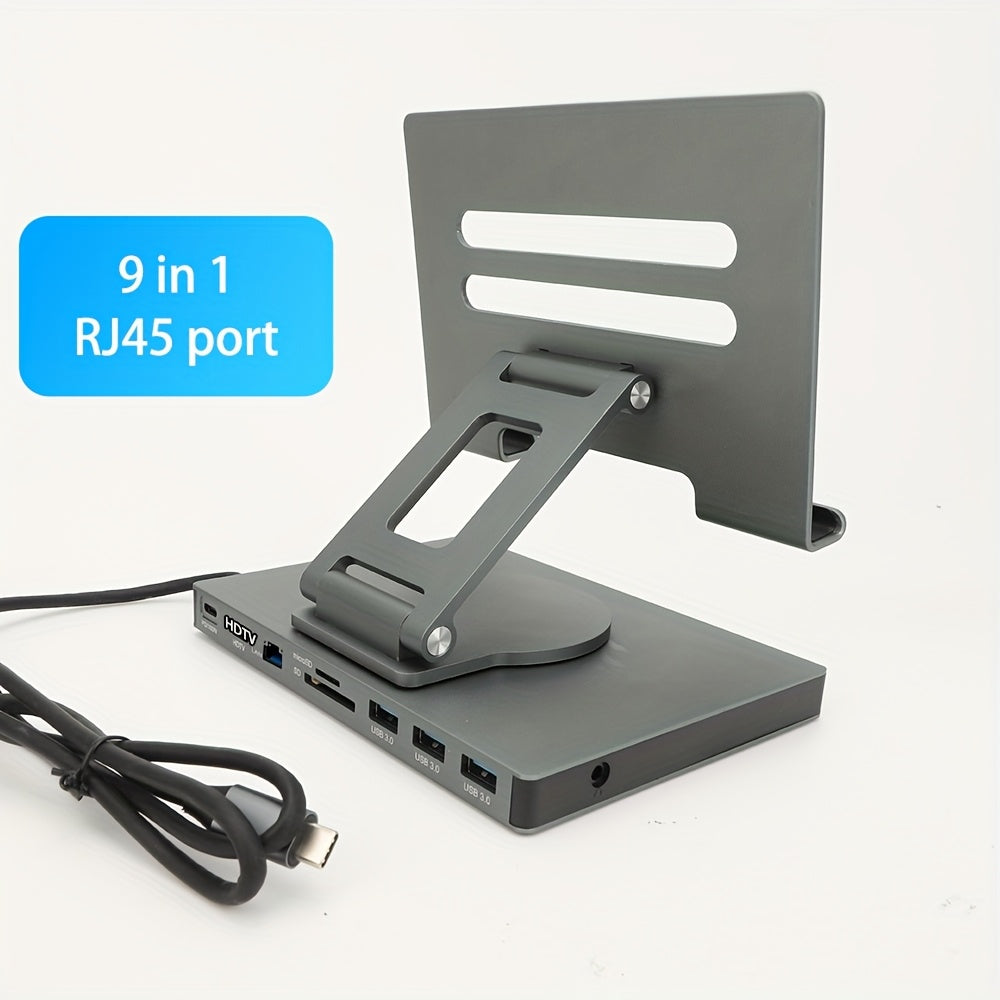 حامل لوحي دوار 4 في 1 من كيبيدو مع محور نوع سي، إيثرنت جيجابت، مقسم يو إس بي، شحن بقوة 100 واط، مقبس صوتي 3.5 ملم، قارئ تي إف/إس دي للآيباد - 60 واط تيار متردد، يو إس بي 3.0، 2.0، 3.0 جين1، يو إس بي سي، 5