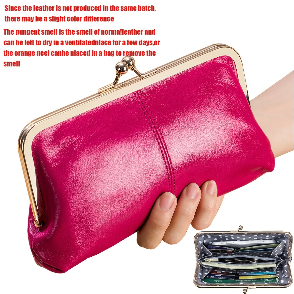محفظة جلدية حقيقية طويلة بمشبك للعملات العتيقة وحامل بطاقات ومفتاح وتخزين أحمر الشفاه وجيب هاتف للنساء
