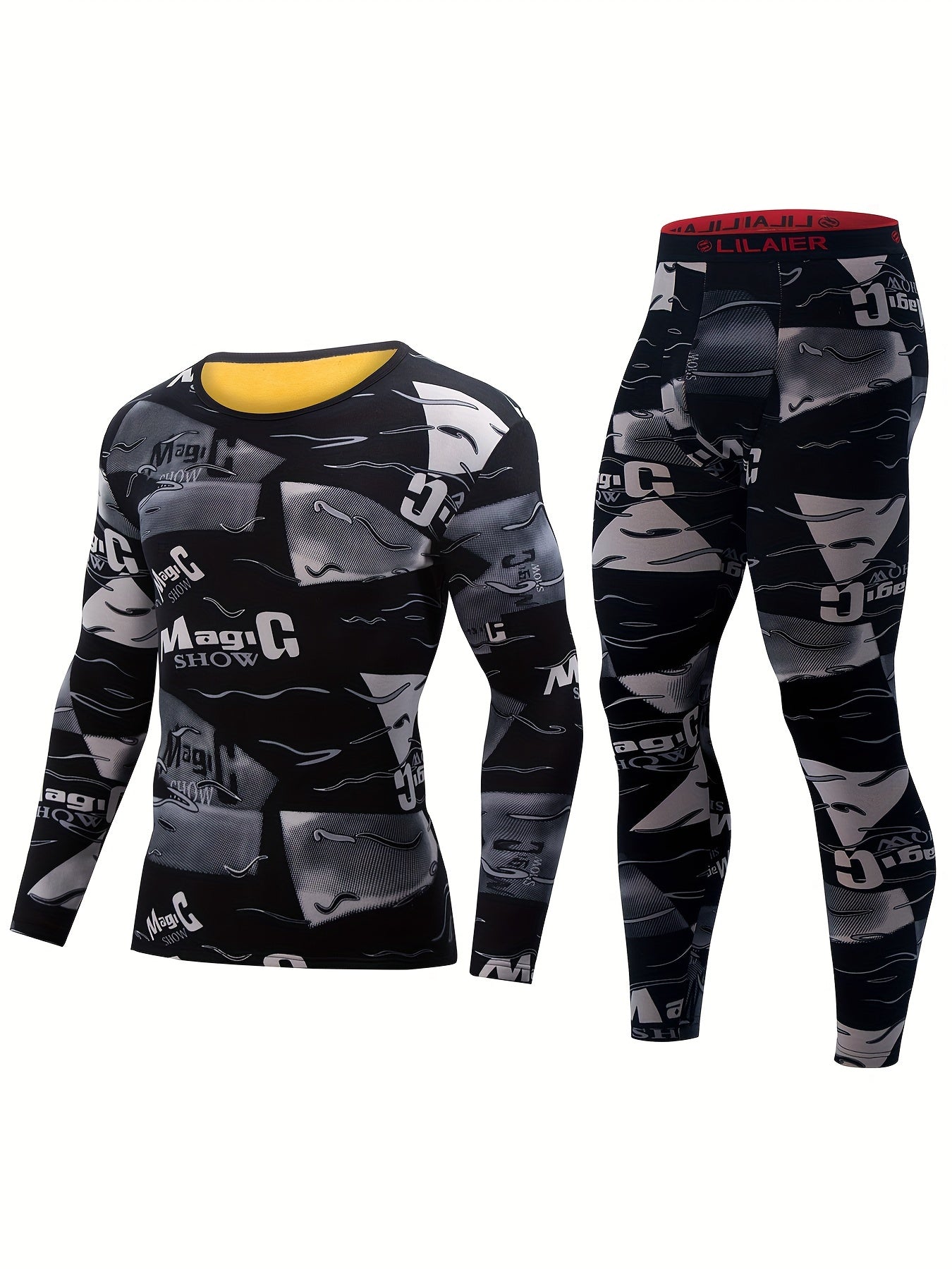 طقم ملابس داخلية حرارية للرجال مكون من 4 قطع - قميص بأكمام طويلة وياقة دائرية بطباعة شاملة وسروال ضيق، قماش محبوك، مرونة متوسطة، بطانة دافئة لأساسيات التزلج في الشتاء