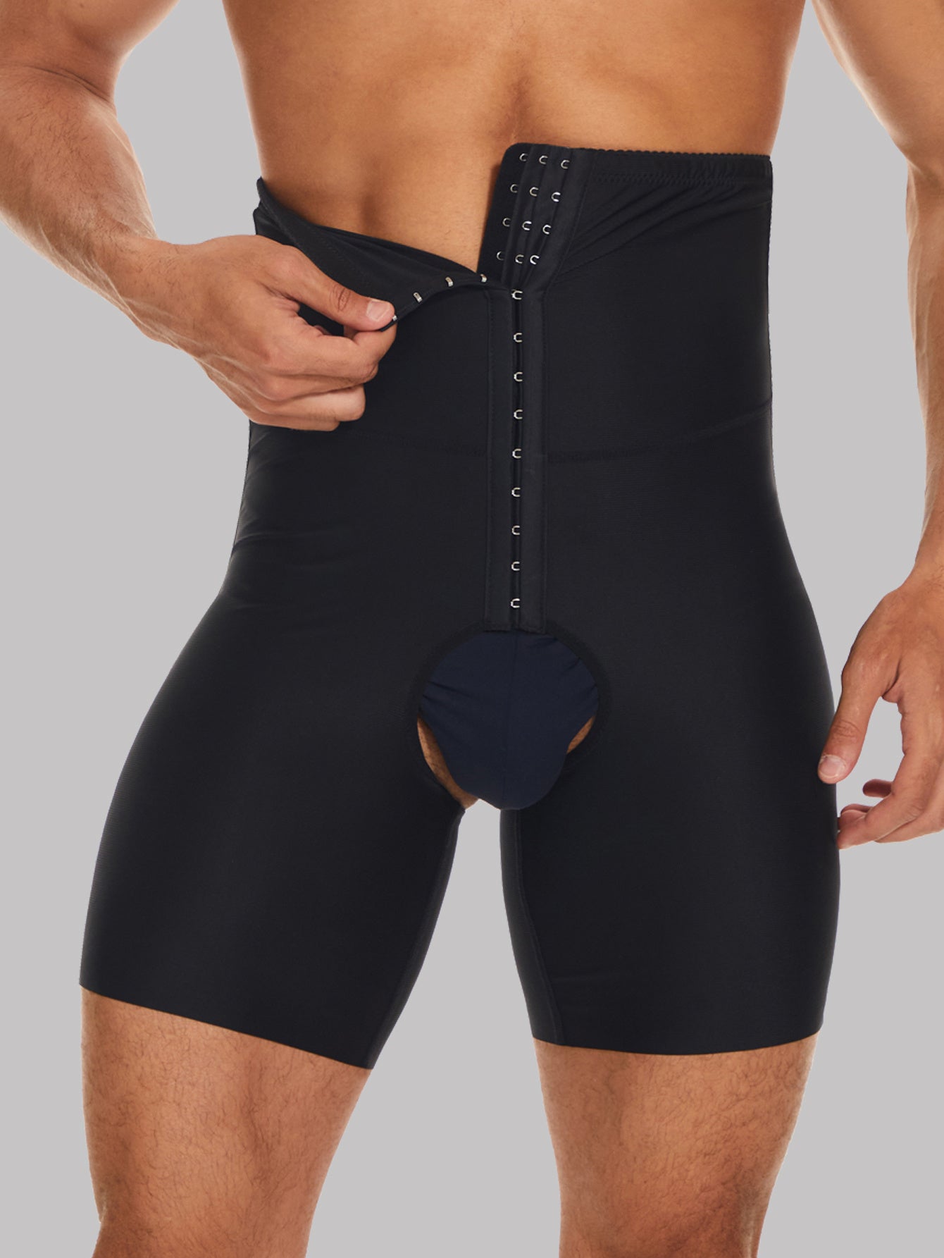 1 قطعة شورت رجالي عالي الخصر للتحكم في البطن - طبقة مزدوجة، تصميم أزرار مفتوحة، قماش قابل للتنفس غير شفاف للاستخدام اليومي والتمارين الرياضية، ملابس رياضية مريحة، لون سادة متوسط المرونة