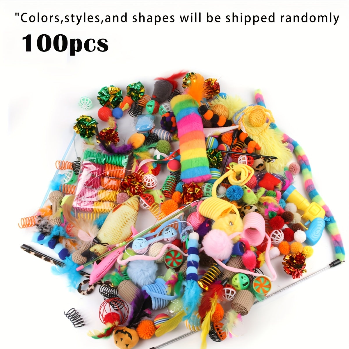 100/64/32/16 قطعة من ألعاب القطط في كيس خلط، ألعاب بلاستيكية وقلابية متنوعة، مناسبة لعدة قطط لعب معًا، تسمح لقطتك أن تملك ألعابًا مختلفة كل يوم، ألوان، أنماط، أشكال وأحجام يتم إرسالها عشوائيًا، مواد/بلاستيك/ريش صناعي، بدون بطارية
