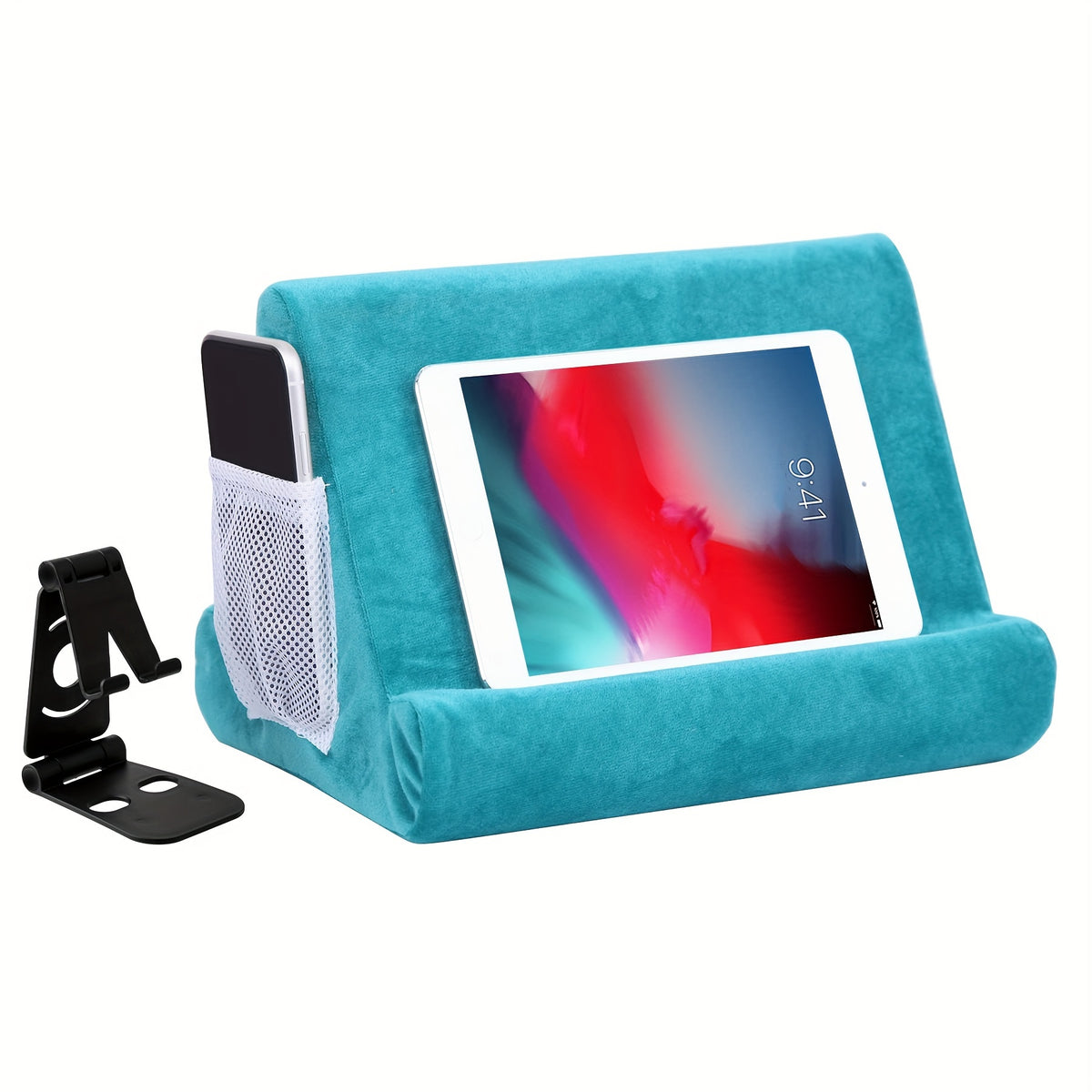 حامل لوحي متعدد الزوايا مع وسادة ناعمة وجيب شبكي: حوامل هواتف لوحية عالمية للركبة والفخذ والأريكة والسرير - مناسبة للأجهزة اللوحية والهواتف الذكية - مصنوعة من نايلون