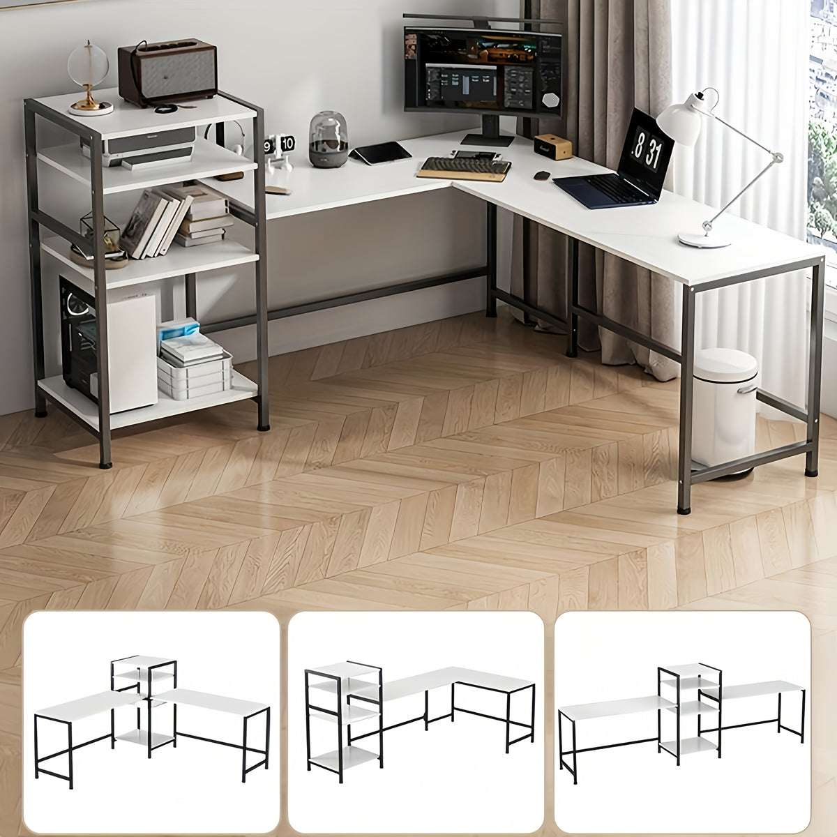 مكتب كمبيوتر أبيض LAFULAIFU مع رف كتب ، مكتب زاوية على شكل حرف L للمكتب المنزلي دراسة الطالب