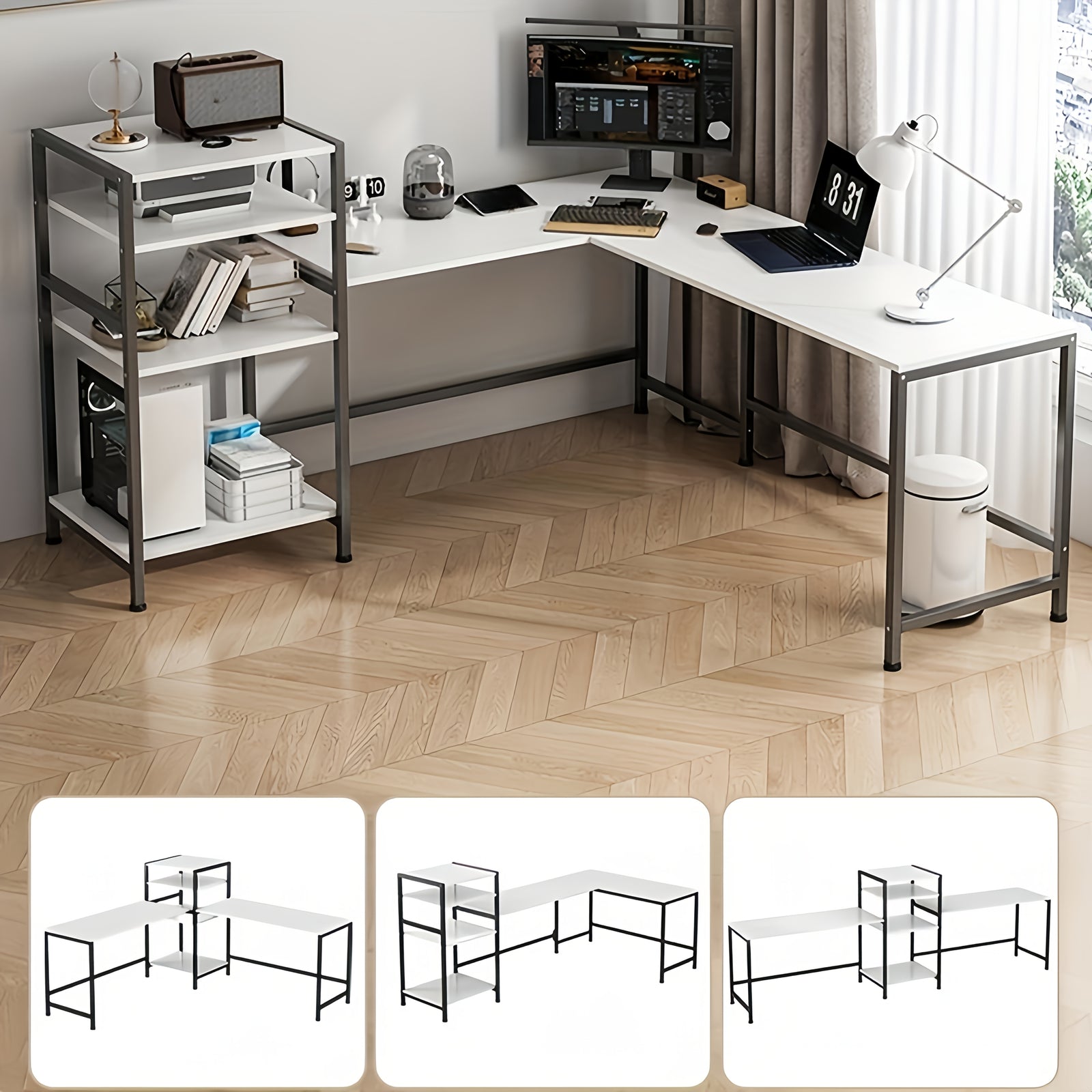 مكتب كمبيوتر أبيض LAFULAIFU مع رف كتب ، مكتب زاوية على شكل حرف L للمكتب المنزلي دراسة الطالب