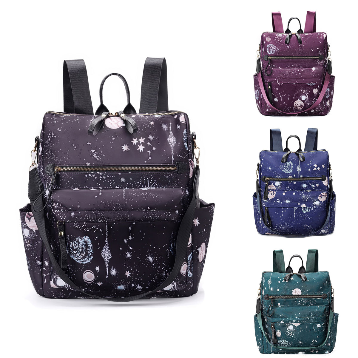 حقيبة ظهر أنيقة من النايلون مطبوعة بالكوكب مع جيوب متعددة - سعة كبيرة، متعددة الاستخدامات للسفر والمدرسة والاستخدام اليومي، بطانة بوليستر متينة، إغلاق بسحاب، أنماط عشوائية، أشرطة كتف قابلة للتعديل، حقيبة ظهر مدرسية | حقيبة ظهر عصرية | بطانة بوليستر داخلية