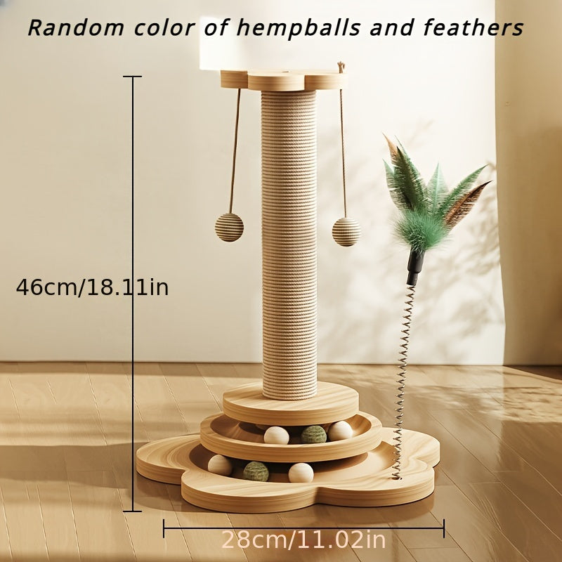 شجرة قطة خشبية تفاعلية مقاومة للاهتراء مع عمود خدش، عصا مقطورة، ولوح خدش، لعبة قطيفة اصطناعية متينة وغير قابلة للسقوط للقطط الداخلية مزودة بقاعدة بطول 27.99 سم مناسبة للقطط