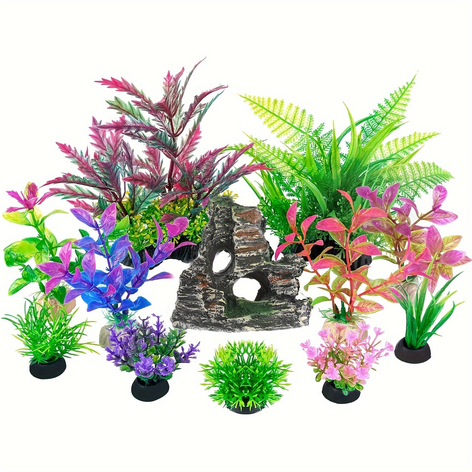 مجموعة زينة لحوض السمك من 12 قطعة مع نباتات بلاستيكية صناعية وجبل كهف، مثالية لأسماك الذهب، السلحفاة، سمكة البيتا - مجموعة إكسسوارات مائية واقعية، صغيرة وكبيرة، مجموعة ديكور