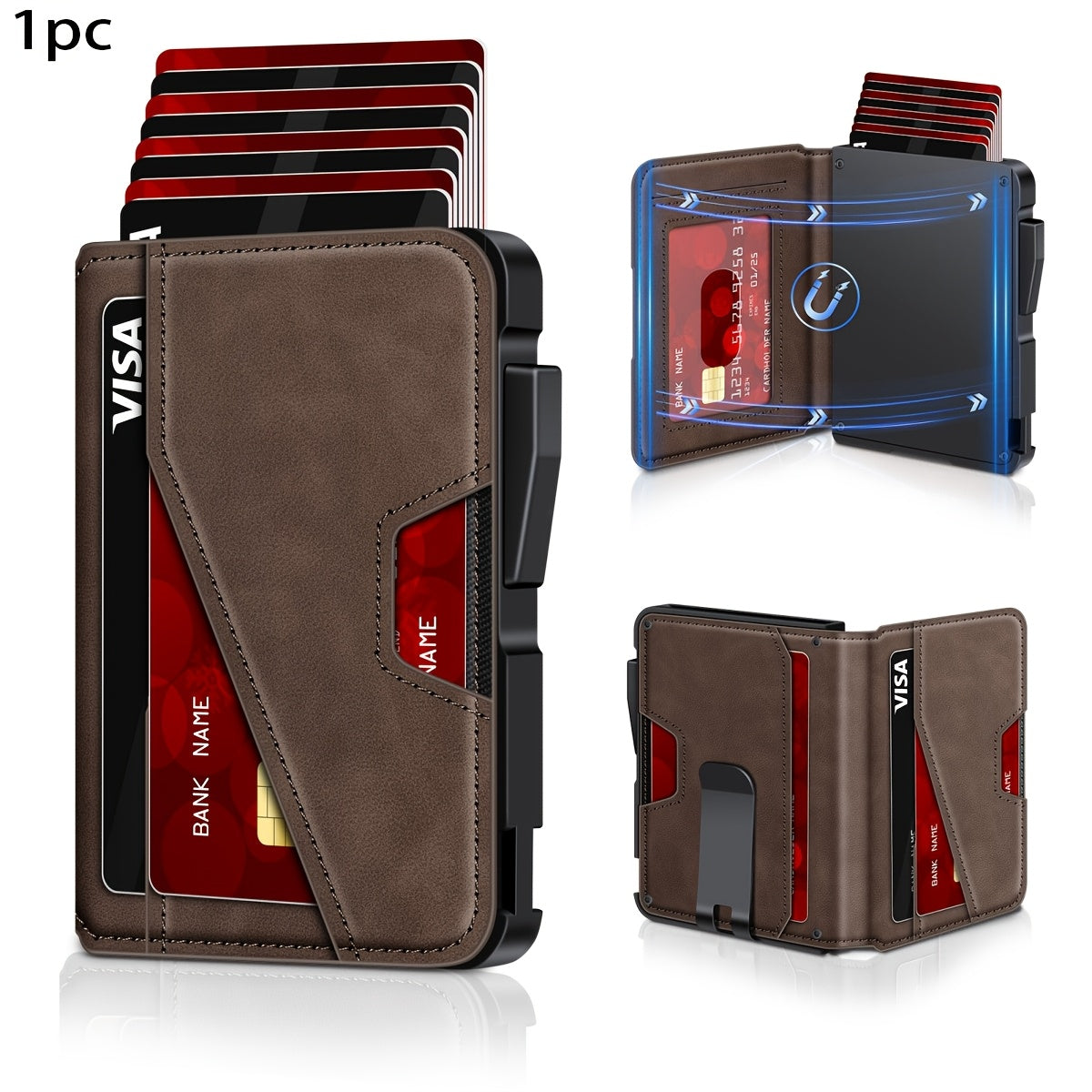 محفظة رجالية مقاومة للتشويش على البطاقات الائتمانية RFID، مصنوعة من جلد المايكروفايبر، بتصميم الشارع، غير مضفرة، بتفاصيل فتحات العين، حامل بطاقات منبثق، تصميم مدمج مزدوج، نافذة للبصمة، فتحات البطاقات الائتمانية المعدنية، جيب أمامي، تصميم بسيط، مناسبة لعيد