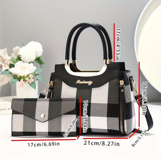 حقيبة نسائية أنيقة باللونين الأسود والأبيض بنمط مربعات - حقيبة كتف وحقيبة كتف وحقيبة يد مع حزام قابل للإزالة، إغلاق بسحاب، وأدوات ذهبية اللون، إكسسوار أنيق | نمط مربعات | حقيبة يد صناعية، محفظة