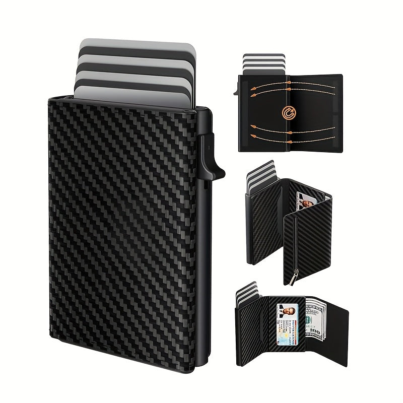 محفظة رجالية نحيفة مانعة للـRFID قطعة واحدة - حامل بطاقات من الألومنيوم مع نافذة للهوية وفتحة لنقود، ملمس ألياف الكربون، سعة 9-14 بطاقة، تصميم جيب أمامي بسيط، أسود