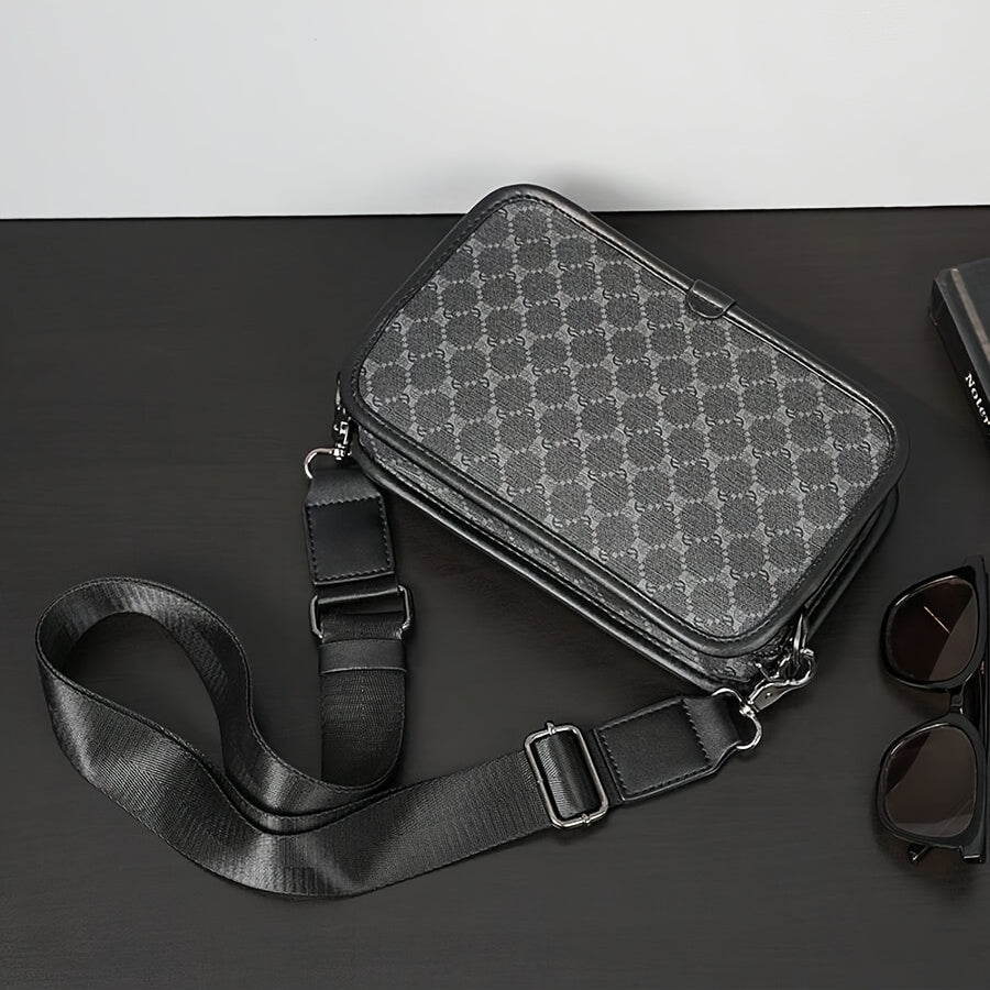 حقيبة كتف هندسية أنيقة للرجال - حقيبة كتف سوداء مع حزام قابل للتعديل، إغلاق بسحاب، مثالية للتنقل العادي ونمط الشارع، حقيبة كتف صغيرة