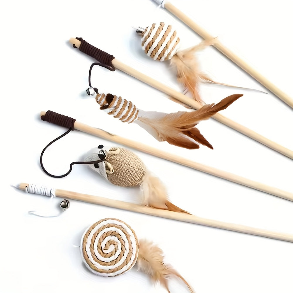 مجموعة 1/4 لعبة تحفيز القط مع عصا ريش صناعي من الكتان وفراشة خشبية تفاعلية مع جرس