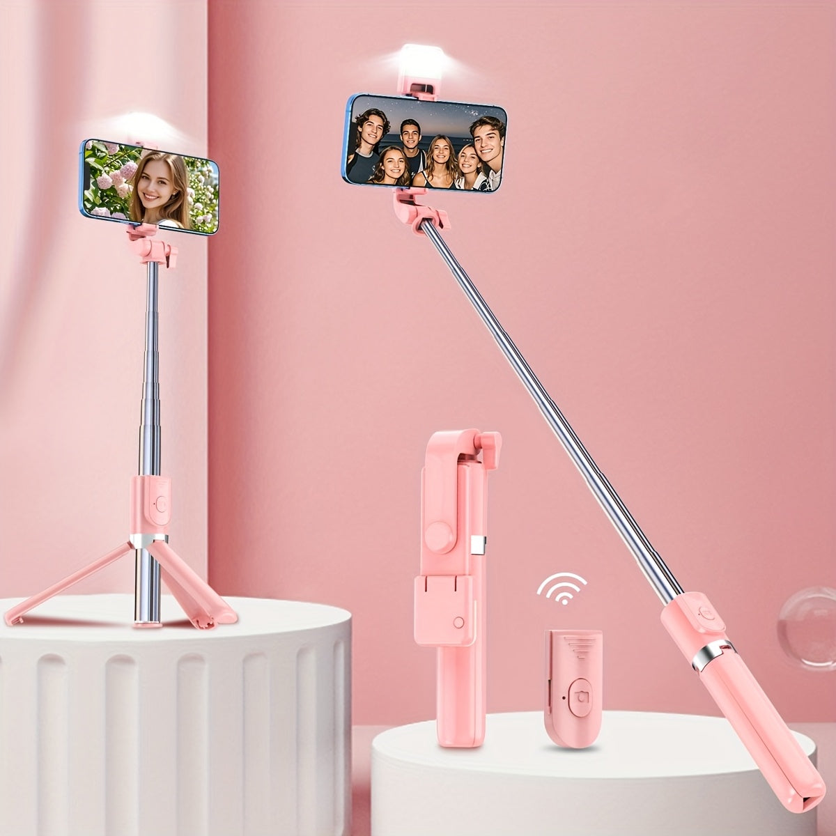 عصا سيلفي متعددة الوظائف مع ضوء LED، حامل ثلاثي محمول تلسكوبي، مصنوع من مادة ABS، تعمل بالبطارية (بطارية زرية غير قابلة لإعادة الشحن)، مع جهاز تحكم عن بعد لاسلكي، للاستخدام المباشر، التصوير الفوتوغرافي، تسجيل السفر