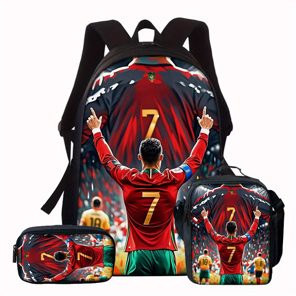 3 قطع حقيبة ظهر لاعبي كرة القدم CR7، تصميم قميص رقم 7 باللون الأحمر للرجال والنساء، حقيبة كمبيوتر محمول بسعة كبيرة للمناسبات اليومية