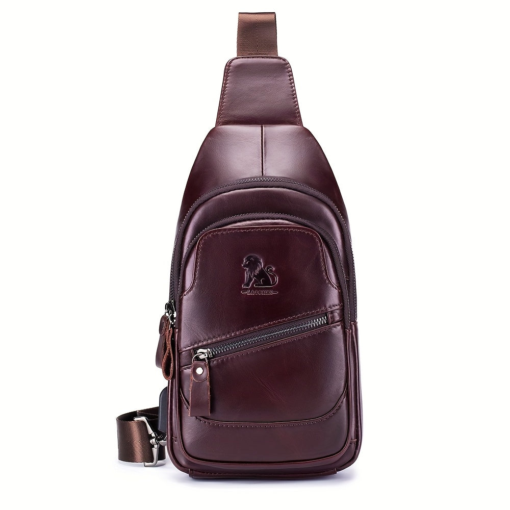 حقيبة كروس من الجلد الطبيعي مع منفذ شحن USB - حزام قابل للتعديل، أقسام متعددة، حقيبة أنيقة للصدر والكتف للرجال والنساء - هدية مثالية لعيد الحب، عيد الأب، تقدير المعلمين، التخرج، حقيبة ظهر للسفر، حقيبة ظهر للسفر