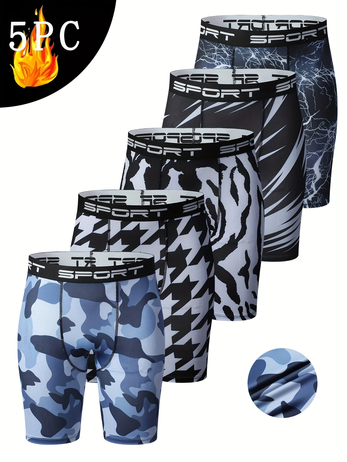 5 قطع شورت رجالي ضاغط - قماش بيج خفيف عالي المرونة، يمتص العرق سريع الجفاف، مضاد للتمزق والانكماش، قابل للتمدد وتنفس مع طباعة كامو/هندسية/نمر لركض وركوب الدراجات وكرة السلة والتسلق - شورتات رياضية لكل الفصول، تصميم رياضي، قماش سريع الجفاف، ملابس أداء عالي