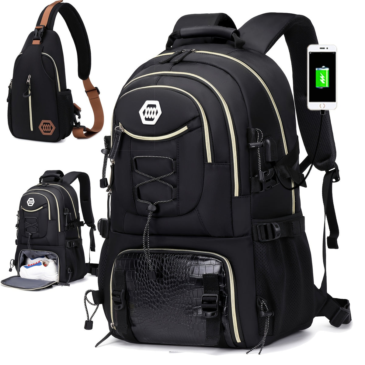 حقيبة ظهر للسفر بسعة كبيرة للنساء، حقيبة ظهر للتخييم والمشي لمسافات طويلة، حقيبة ظهر عادية مع جيب للأحذية