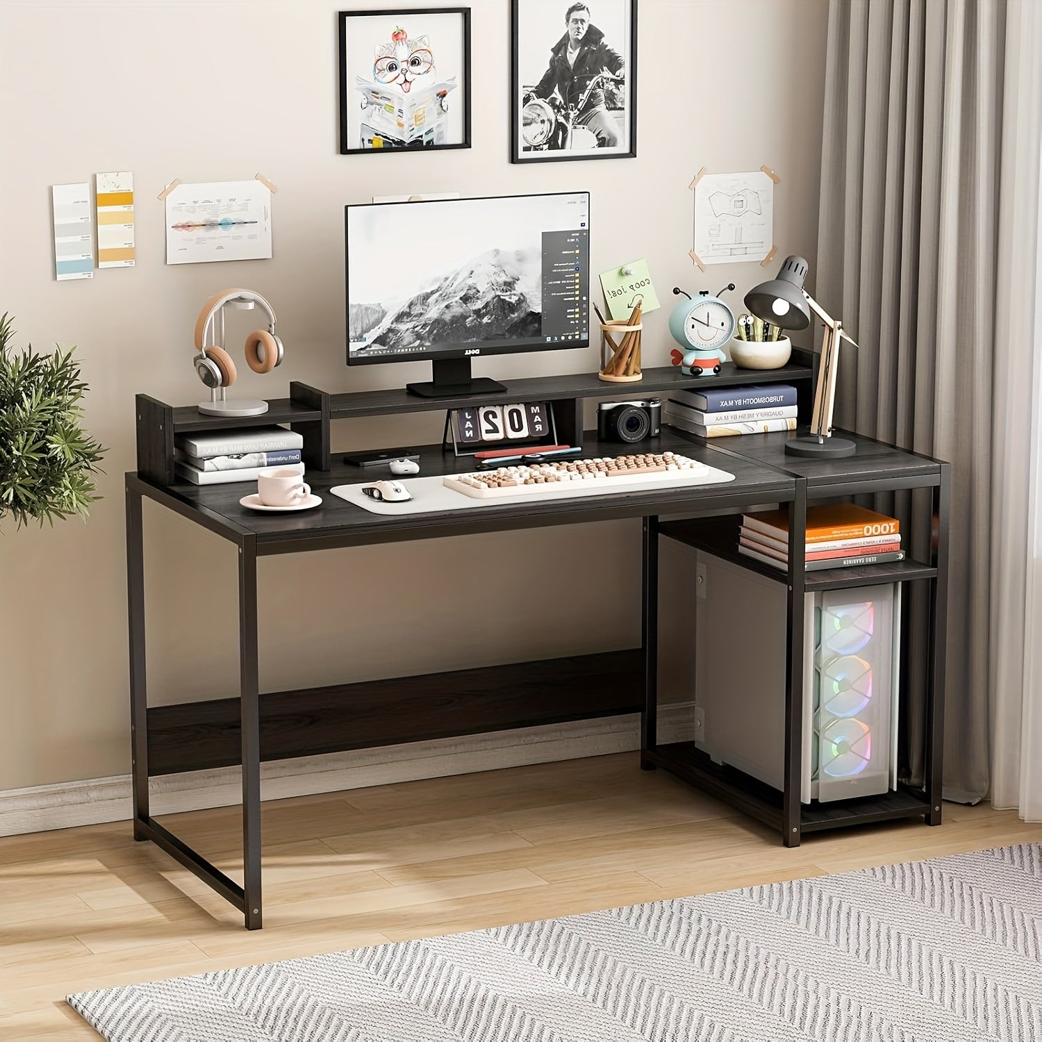 مكتب مكتبي عصري أبيض للمنزل مع رف تخزين - مكتب كمبيوتر من MDF بأرجل معدنية، أدراج ورفوف مدمجة، تجميع سهل للمساحات الصغيرة، إكسسوارات المكتب بتصميم خشبي أنيق، بناء متين من MDF، استقرار الأرجل المعدنية