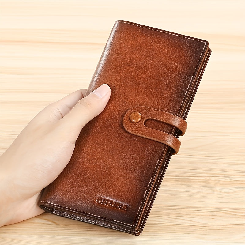 محفظة جلدية أصلية للرجال - تصميم طويل بتصميم ثنائي الطي مع حجب RFID، فتحات متعددة للبطاقات وحامل للهوية، لون بني، آمنة وأنيقة للاستخدام اليومي، محفظة للرجال
