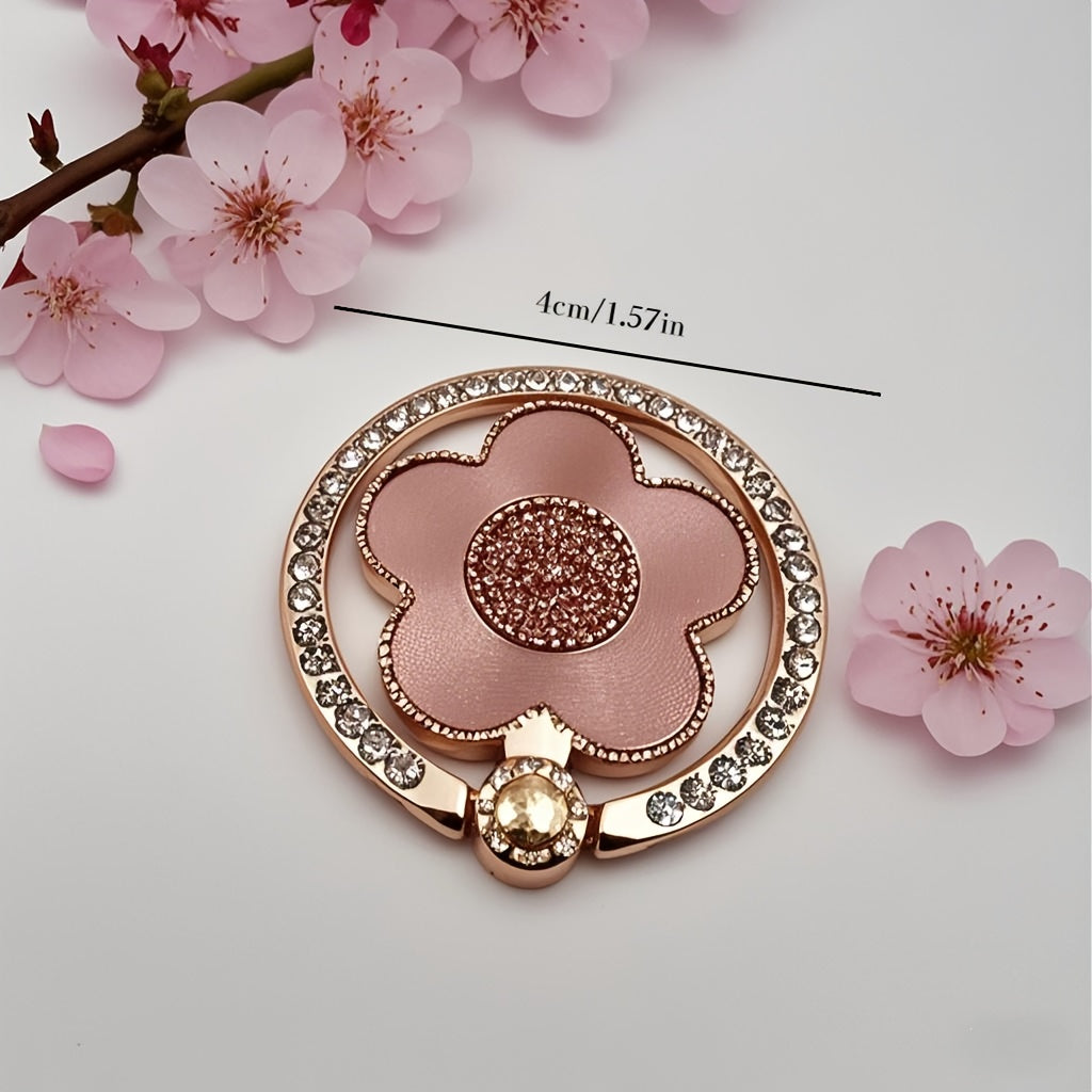 حامل هاتف محمول أنيق بتصميم زهور ومعدن الماس قابل للدوران 360 درجة مع خاتم إصبع - حامل مكتبي عالمي