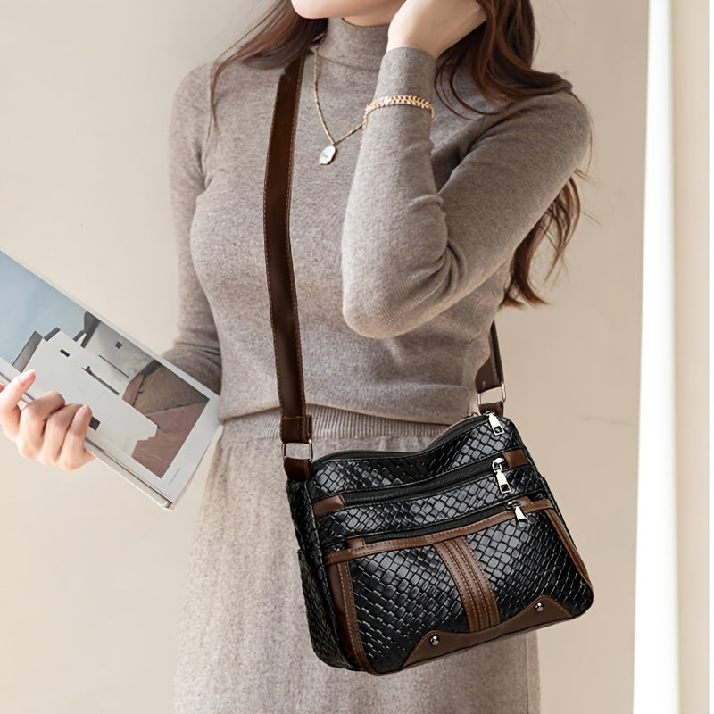 حقيبة كروسبودي أنيقة للنساء مع جيوب متعددة، حقيبة كتف من الجلد الصناعي المزخرف للتنقل اليومي والتسوق، حزام قابل للتعديل، إغلاق بسحاب - متوفرة باللون البني الفاتح، البني الداكن، الأسود، حقيبة يد متعددة الاستخدامات | نسيج مبطن | مبطن بالبوليستر، حقيبة كروسب