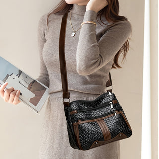 حقيبة كروسبودي أنيقة للنساء مع جيوب متعددة، حقيبة كتف من الجلد الصناعي المزخرف للتنقل اليومي والتسوق، حزام قابل للتعديل، إغلاق بسحاب - متوفرة باللون البني الفاتح، البني الداكن، الأسود، حقيبة يد متعددة الاستخدامات | نسيج مبطن | مبطن بالبوليستر، حقيبة كروسب