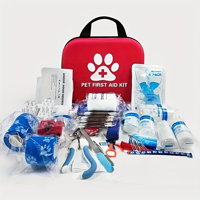 طقم الإسعافات الأولية للحيوانات الأليفة للكلاب والقطط - مجموعة رعاية طارئة محمولة مع دليل، مقص، ملقط، بطانية، مزيل للبراغيث - مثالي للمشي، التخييم، الرحلات، الصيد - أحمر، بدون قضيب مغنيسيوم/شرارة