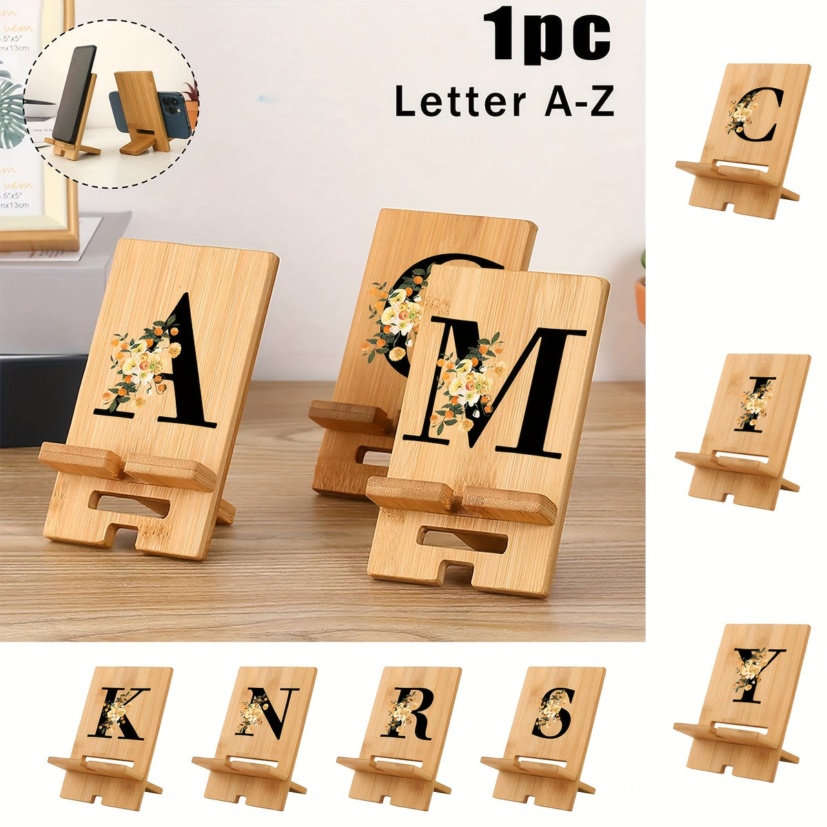 حامل هاتف من الخيزران بتصميم زهرة البرتقال والأبجدية من A إلى Z، قاعدة شحن متعددة الزوايا قابلة للتعديل، حامل متعدد الاستخدامات للهواتف والأجهزة اللوحية، مثالي للمنزل والمكتب والسفر، إكسسوار سفر | حامل أداة قابل للتعديل | حرف