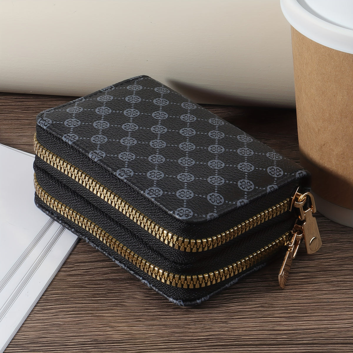 حافظة بطاقات أنيقة سوداء وذهبية بسحاب مزدوج - محفظة PU مدمجة بتصميم زهري، بطانة نايلون، خفيفة الوزن ومتعددة الجيوب للاستخدام اليومي، محفظة ظريفة