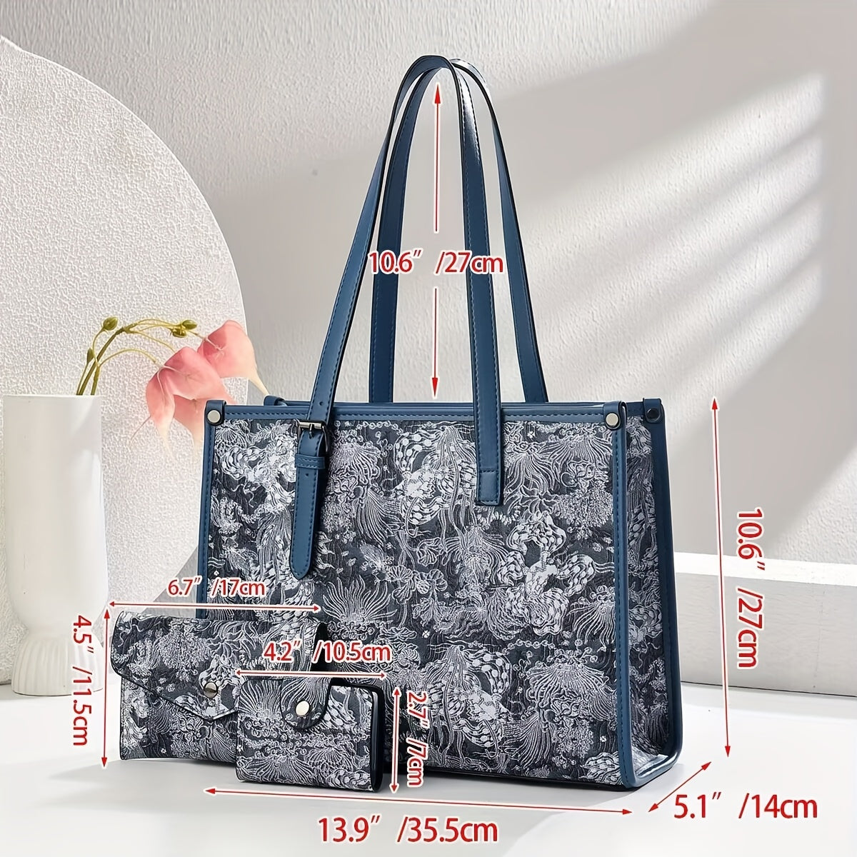 حقيبة توت نسائية جديدة 2025 بطبعة زهور مع محفظة قابلة للفصل - حقيبة كتف متعددة الاستخدامات وحقيبة يد للاستعمال اليومي والمناسبات الرسمية (أصفر ترابي، رمادي، وردي، بنفسجي، أزرق، أسود)، إكسسوار أنيق متعدد الاستعمالات ببطانة بوليستر